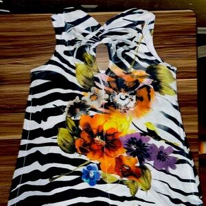 B. L. E. U. Zebra print with colorful floral design.